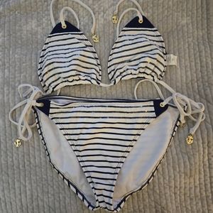 White and blue stripes sequin bikini set